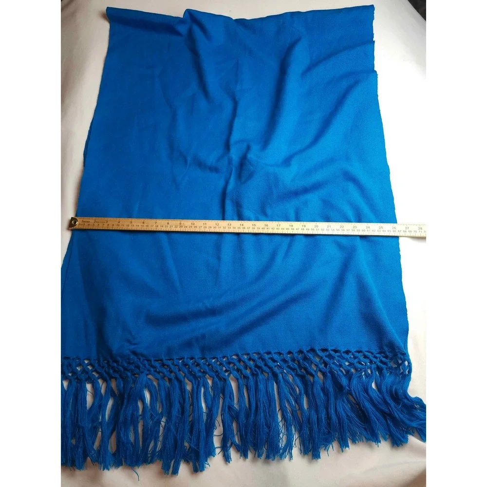 Vibrant Blue Pashmina Wrap Scarf with Knotted Fringe Trim Rectangle Shawl